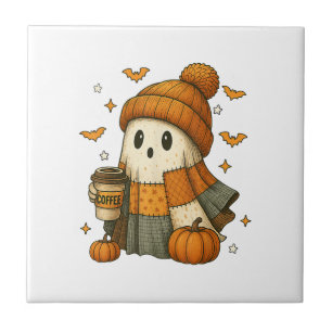 Cute Ghost Drinking Coffee Halloween Tile