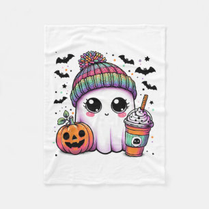 Cute Ghost Drinking Coffee Latte Ghost Boo Hallowe Fleece Blanket