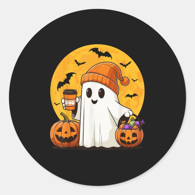 Cute Ghost Drinking Coffee Pumpkin Boo Funny Hallo Classic Round Sticker (Front)