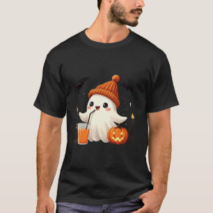 Cute Ghost Drinking Coffee Pumpkin Funny Halloween T-Shirt