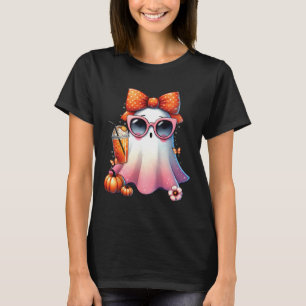 Cute Ghost Drinking Coffee With Halloween Bow Wome T-Shirt