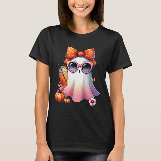 Cute Ghost Drinking Coffee With Halloween Bow Wome T-Shirt (Front)
