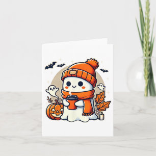 Cute Ghost Drinking Coffee Women Halloween Kawaii Card