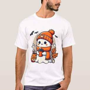 Cute Ghost Drinking Coffee Women Halloween Kawaii T-Shirt