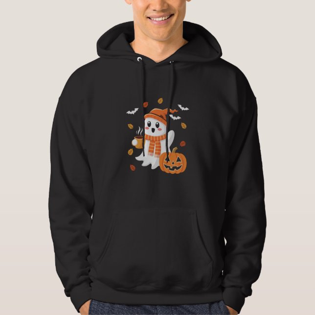 Cute Ghost Drinking Ice Coffee Halloween  Hoodie (Front)