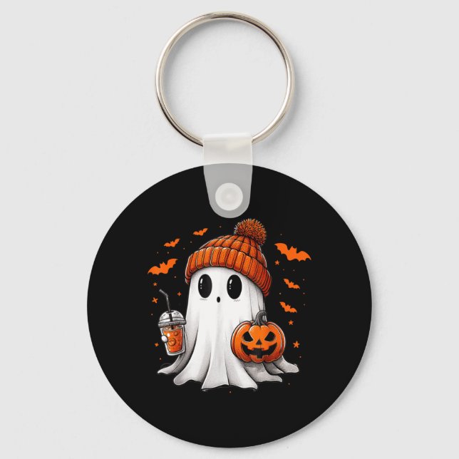 Cute Ghost Drinking Ice Coffee Halloween Pumpkin Key Ring (Front)