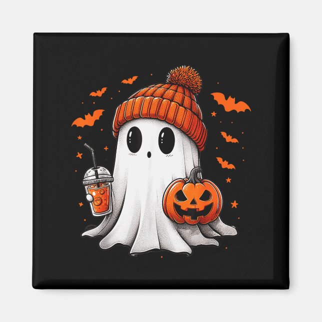 Cute Ghost Drinking Ice Coffee Halloween Pumpkin M Magnet (Front)