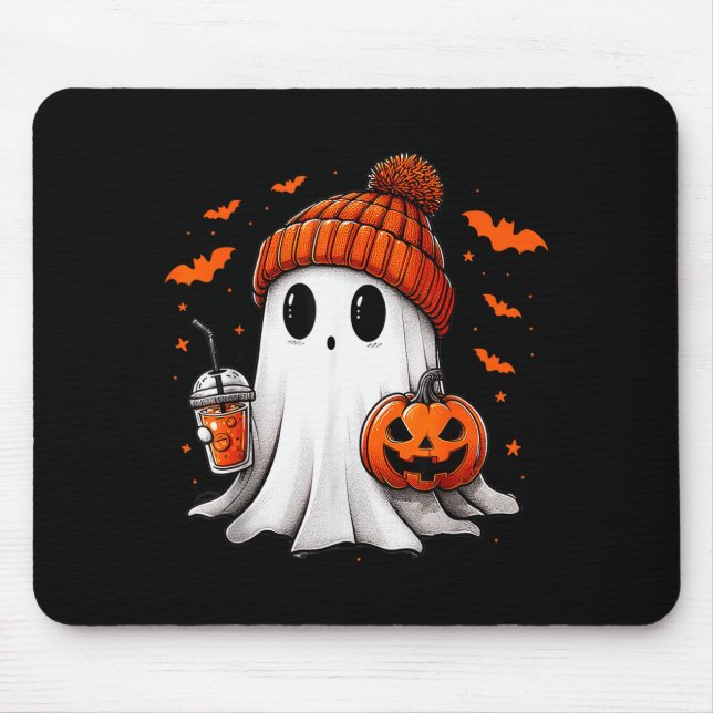 Cute Ghost Drinking Ice Coffee Halloween Pumpkin M Mouse Mat (Front)