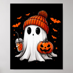 Cute Ghost Drinking Ice Coffee Halloween Pumpkin M Poster