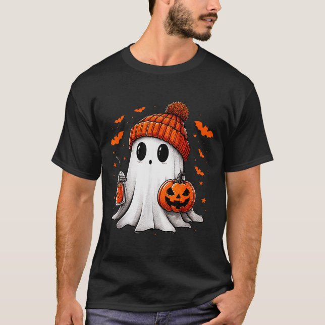 Cute Ghost Drinking Ice Coffee Halloween Pumpkin M T-Shirt (Front)