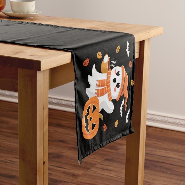 Cute Ghost Drinking Ice Coffee Halloween  Short Table Runner (In Situ)