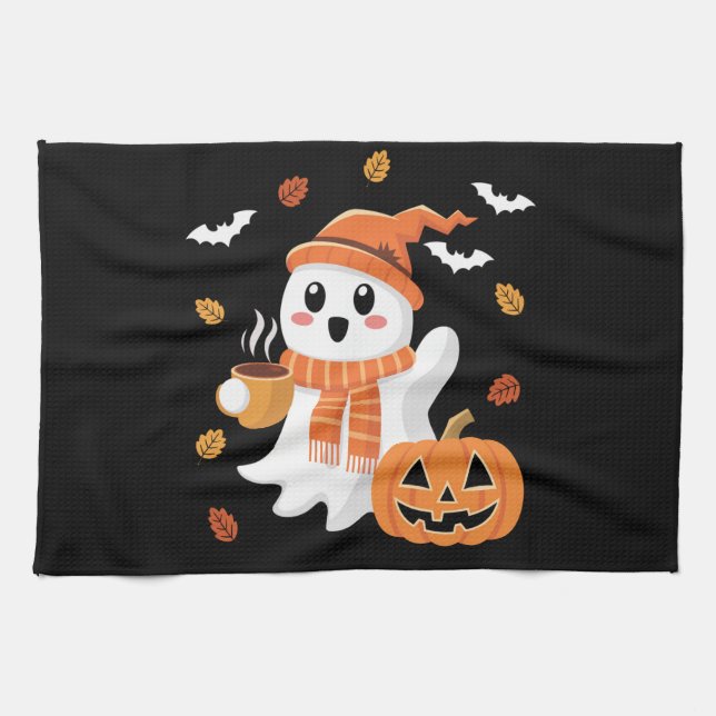 Cute Ghost Drinking Ice Coffee Halloween  Tea Towel (Horizontal)