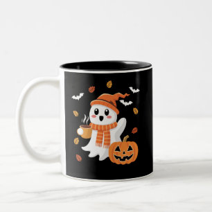 Cute Ghost Drinking Ice Coffee Halloween  Two-Tone Coffee Mug