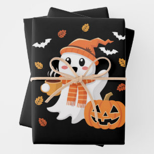 Cute Ghost Drinking Ice Coffee Halloween Wrapping Paper Sheet
