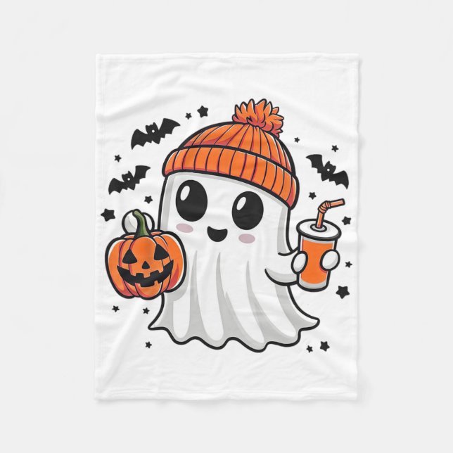 Cute Ghost Drinking Pumpkin Juice Halloween Ghost  Fleece Blanket (Front)