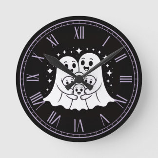 Cute Ghost Family Hugging Black and White Stars Sp Round Clock