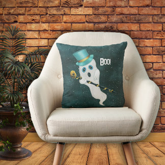 Cute Ghost Floating in Sky Skull Cane Blue Top Hat Cushion