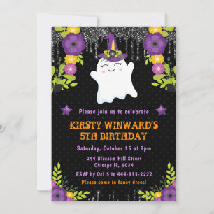 Cute Ghost Floral Halloween Birthday Invitation