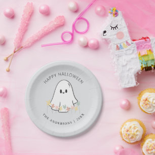 Cute Ghost Floral Halloween Grey Paper Plate