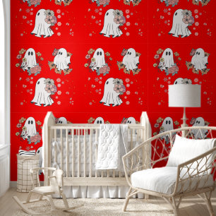 Cute ghost flower kids pattern red background wallpaper