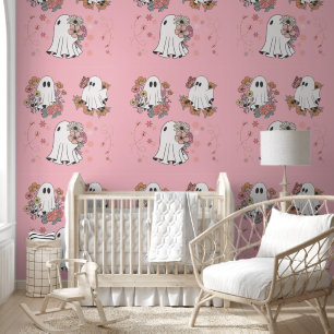 Cute ghost flower kids pink peel and stick wallpaper