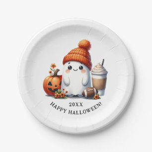 Cute Ghost Football Player Happy Halloween Paper Plate