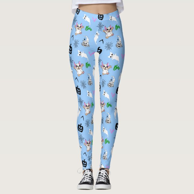 Cute ghost French Bulldog bat pumpkin Halloween Leggings (Front)