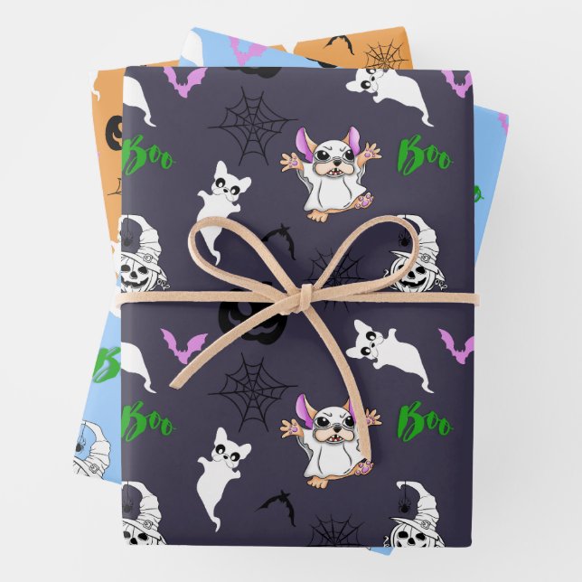Cute ghost French Bulldog bat pumpkin Halloween Wrapping Paper Sheet (In situ)