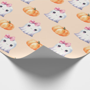 Cute Ghost Girl Pumpkin Watercolour Pink Halloween Wrapping Paper