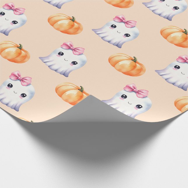 Cute Ghost Girl Pumpkin Watercolour Pink Halloween Wrapping Paper (Corner)