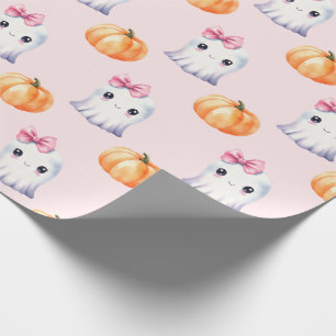 Cute Ghost Girl Pumpkin Watercolour Pink Halloween Wrapping Paper