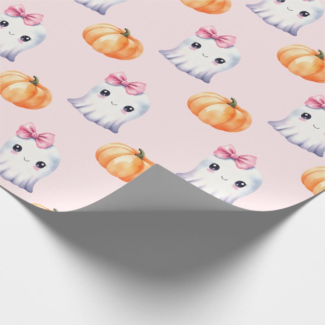 Cute Ghost Girl Pumpkin Watercolour Pink Halloween Wrapping Paper (Corner)