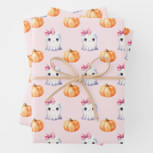 Cute Ghost Girl Pumpkin Watercolour Pink Halloween Wrapping Paper Sheet