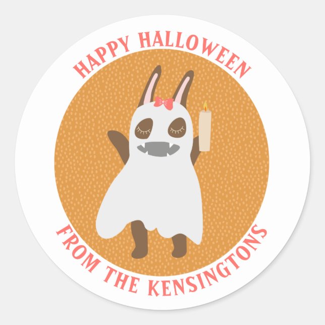 Cute Ghost Girly Bunny Happy Halloween Family Name Classic Round Sticker (Front)
