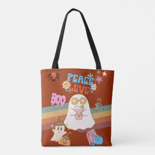 Cute Ghost Groovy Style Peace & Love Dark Brown Tote Bag