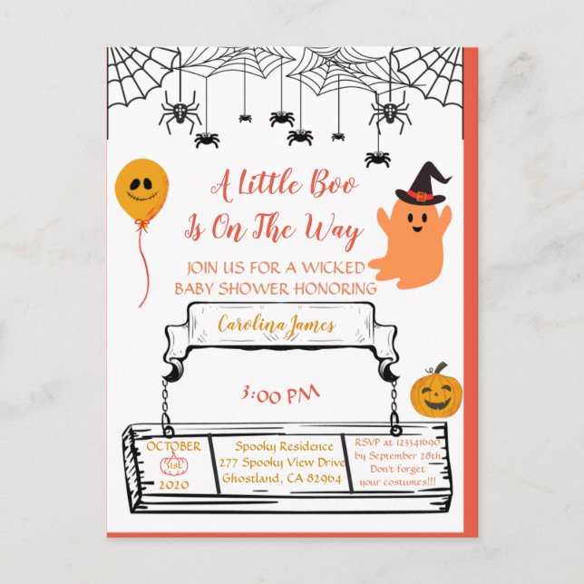 Cute Ghost Halloween Baby Shower Orange Little Boo Announcement Postcard (Front)