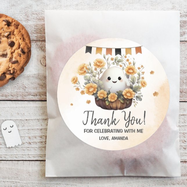 Cute Ghost Halloween Birthday Classic Round Sticker (Add a touch of cuteness to your Halloween birthday celebration with this adorable ghost design.)