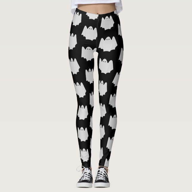 Cute Ghost Halloween Black and White Pattern Leggings (Front)