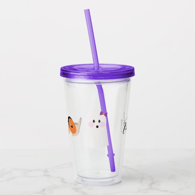 Cute Ghost Halloween Hand Drawn Lettering Name Acrylic Tumbler (Left)