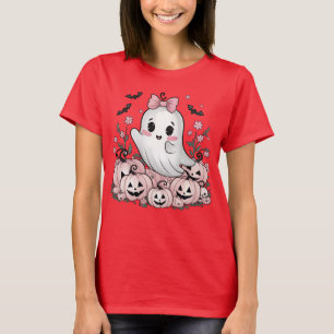 Cute Ghost Halloween Kawaii Pumpkin & Bat Design T-Shirt