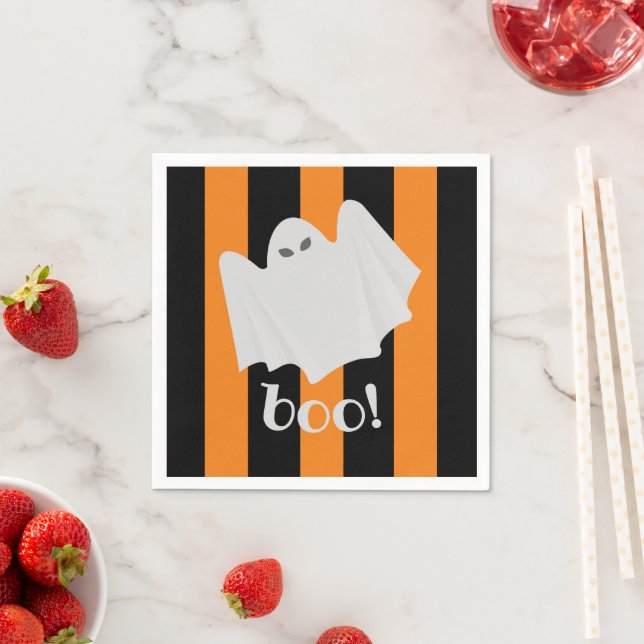 Cute Ghost Halloween Napkins Orange Black Stripes (Insitu)