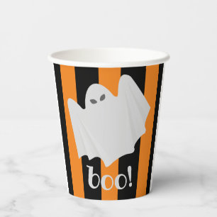 Cute Ghost Halloween Orange and Black Stripes  Paper Cups