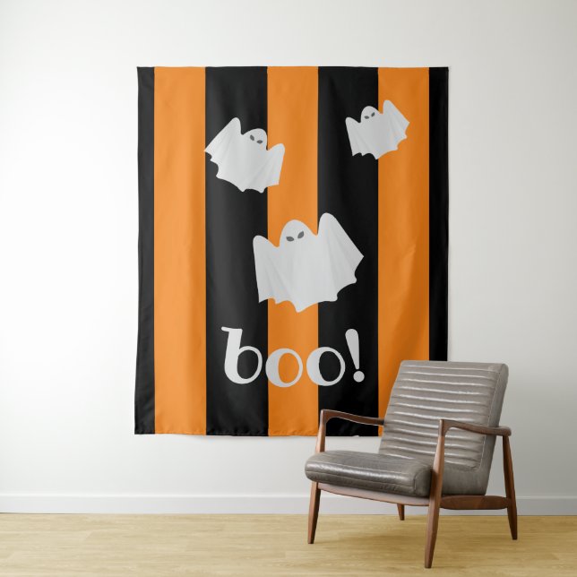 Cute Ghost Halloween Orange Black Stripe Backdrop  Tapestry (In Situ)