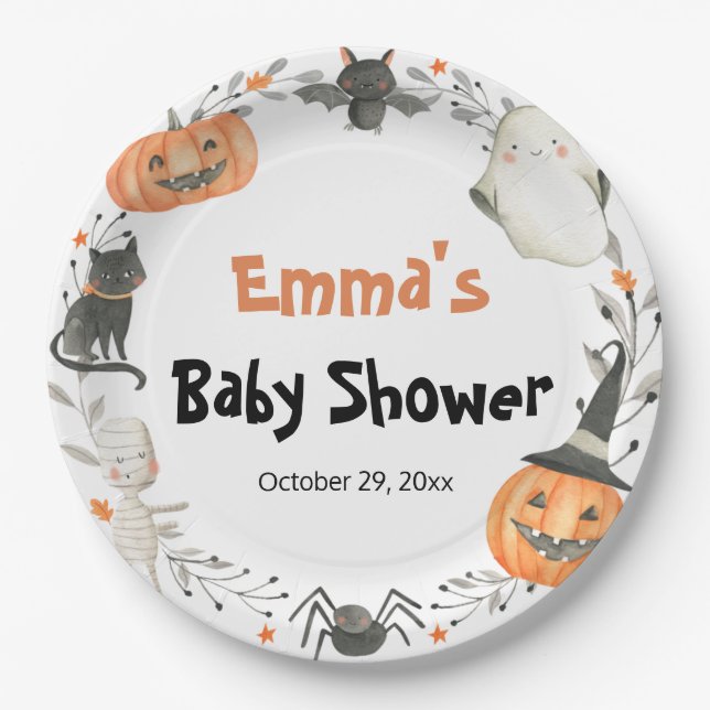 Cute Ghost Halloween Pumpkin Autumn Baby Shower Paper Plate (Front)