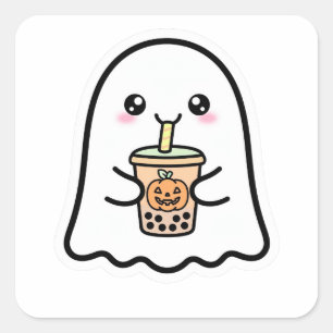 Cute Ghost Halloween Pumpkin Boba Square Sticker