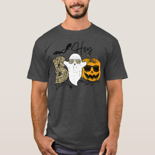 Cute Ghost Halloween Pumpkin Face Leopard Hey Boo T-Shirt