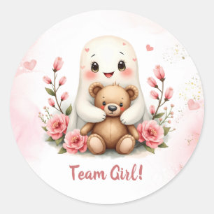 Cute Ghost Halloween Theme Team Girl Gender Reveal Classic Round Sticker