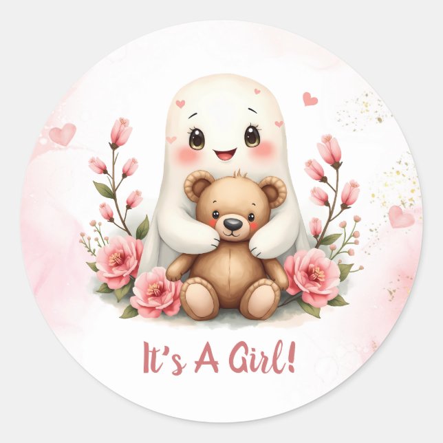 Cute Ghost Halloween Themed Girls Baby Shower Classic Round Sticker (Front)