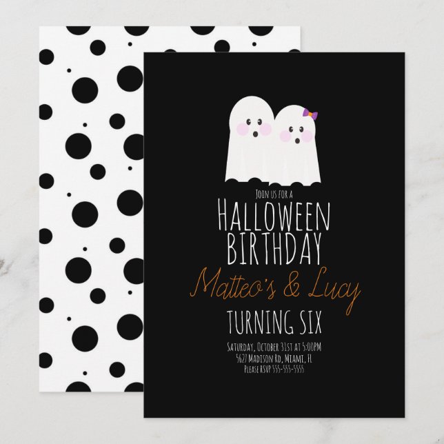 Cute Ghost Halloween Twins Kids Birthday  Invitation (Front/Back)