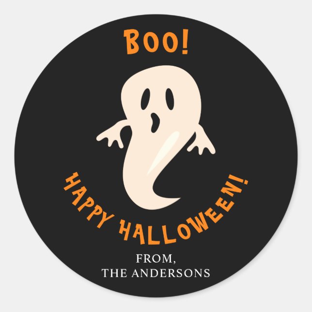 Cute Ghost Happy Halloween Boo Whimsical Black Classic Round Sticker (Front)